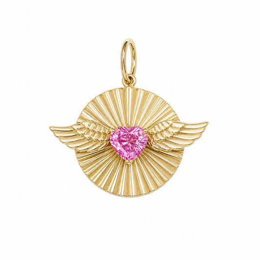 14K Gold Flying Colored Sapphire Heart Fluted Medallion Pendant