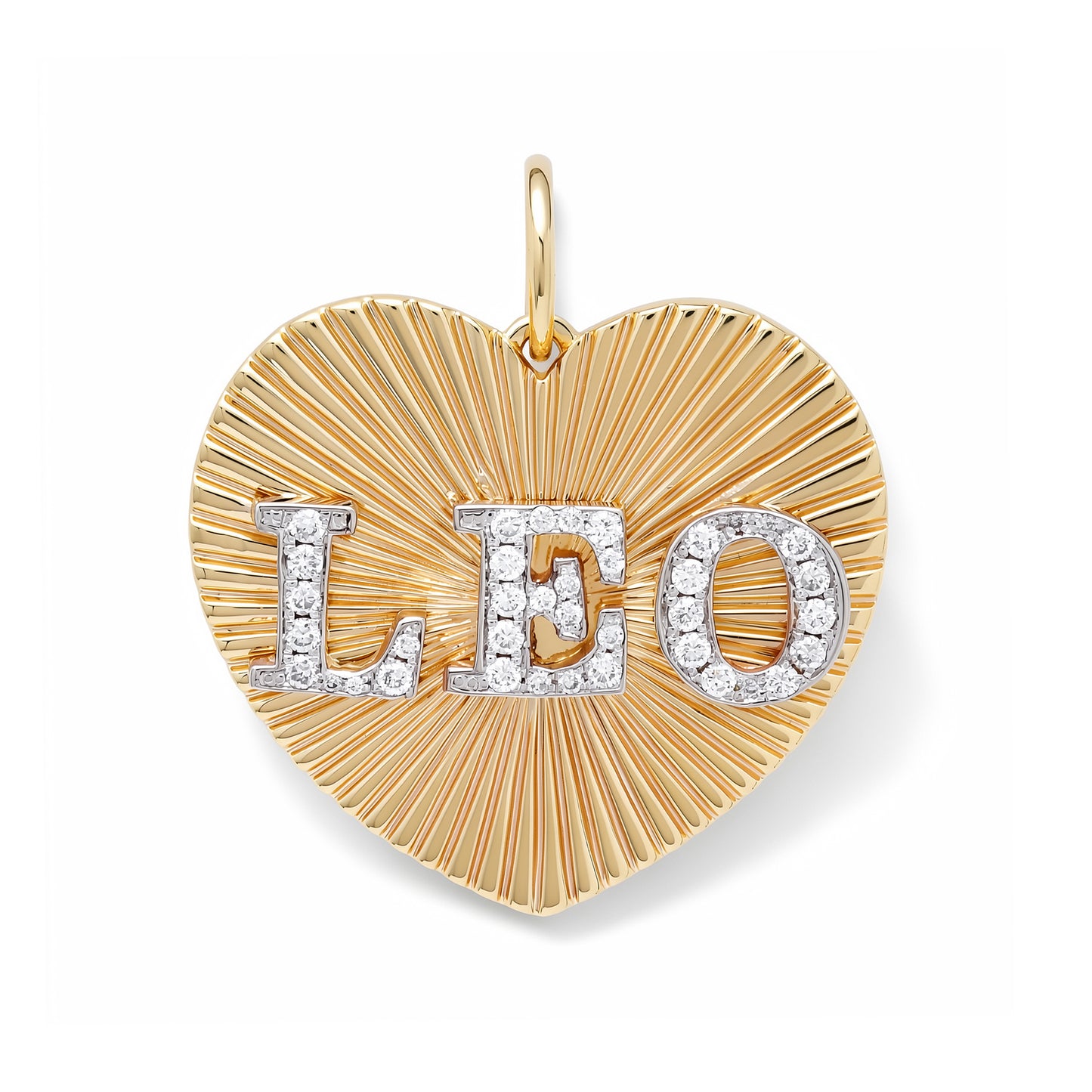 14K Gold Pavé Diamond Triple Initial Fluted Heart Medallion Pendant, Large Size Heart