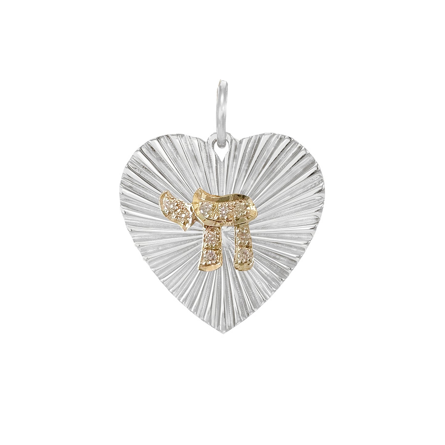 14K Gold Pavé Diamond Hebrew Chai Fluted Heart Medallion Pendant, Medium Size