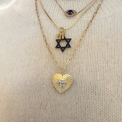 14K Gold Pavé Diamond Hebrew Chai Fluted Heart Medallion Pendant, Medium Size