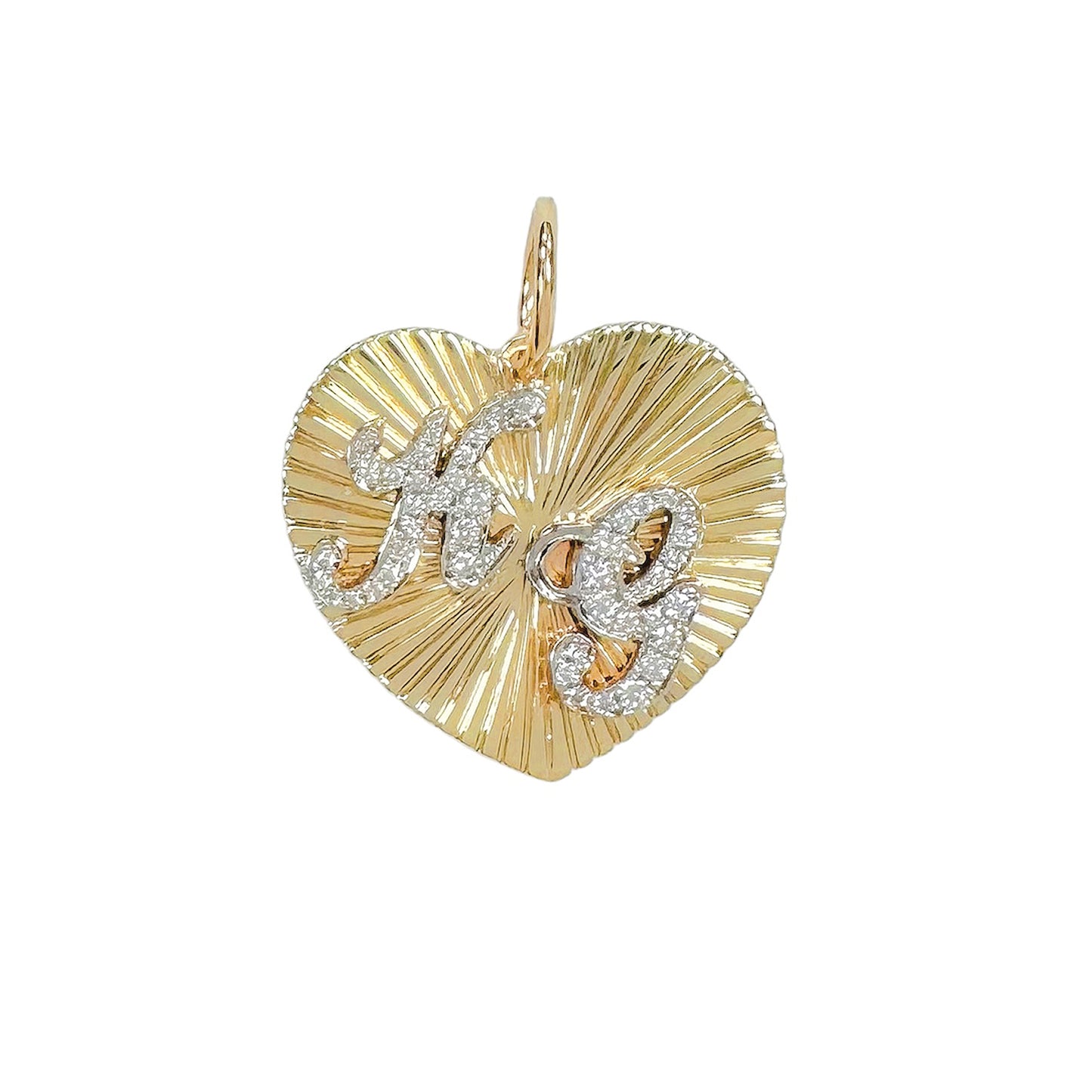 14K Gold Pavé Diamond Double Script Font Initial Fluted Heart Medallion Pendant, Large Size