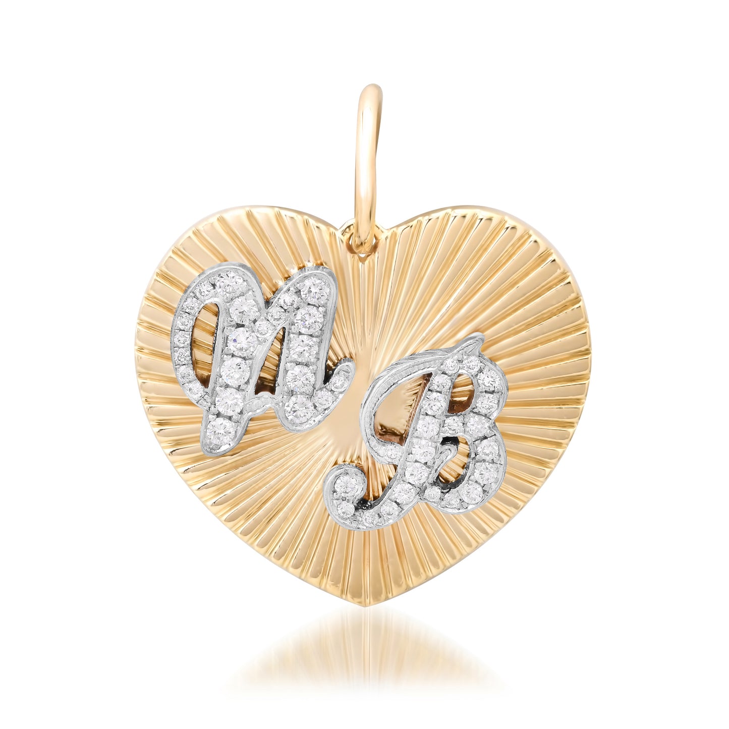 14K Gold Pavé Diamond Double Script Font Initial Fluted Heart Medallion Pendant, Large Size Heart
