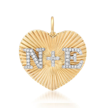 14K Gold Pavé Diamond Double Initial Fluted Heart Medallion Pendant, Large Size