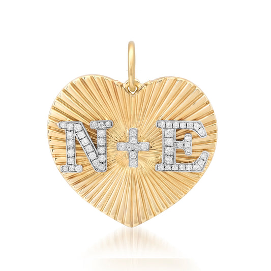 14K Gold Pavé Diamond Double Initial Fluted Heart Medallion Pendant, Large Size
