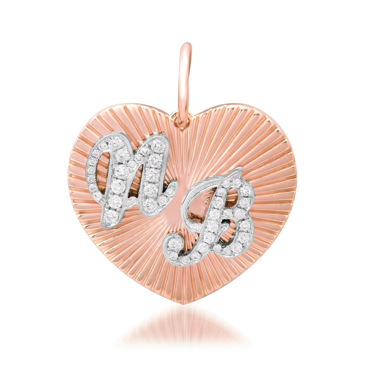 14K Gold Pavé Diamond Double Script Font Initial Fluted Heart Medallion Pendant, Large Size Heart