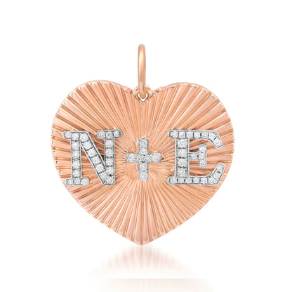 14K Gold Pavé Diamond Double Initial Fluted Heart Medallion Pendant, Large Size