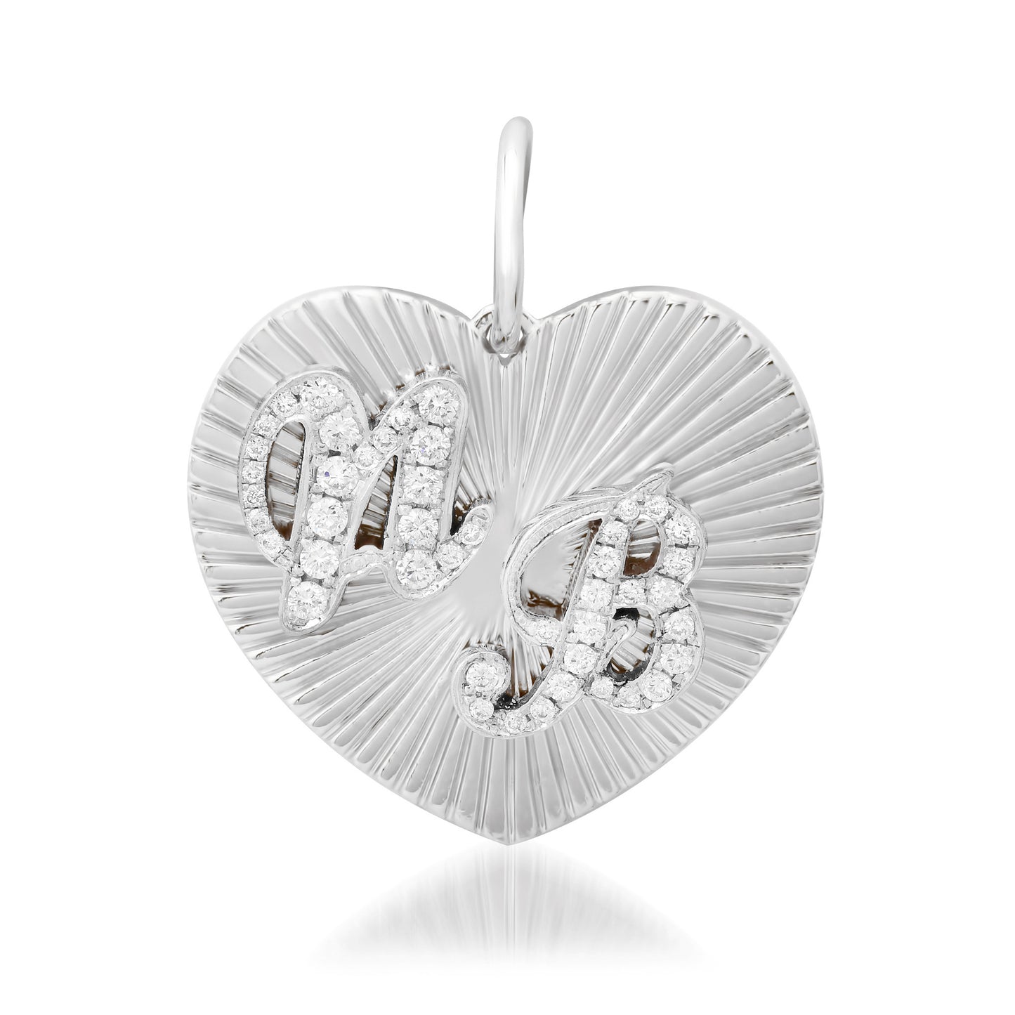 14K Gold Pavé Diamond Double Script Font Initial Fluted Heart Medallion Pendant, Large Size Heart