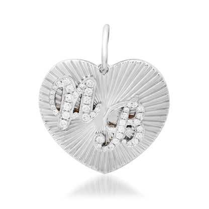 14K Gold Pavé Diamond Double Script Font Initial Fluted Heart Medallion Pendant, Large Size Heart