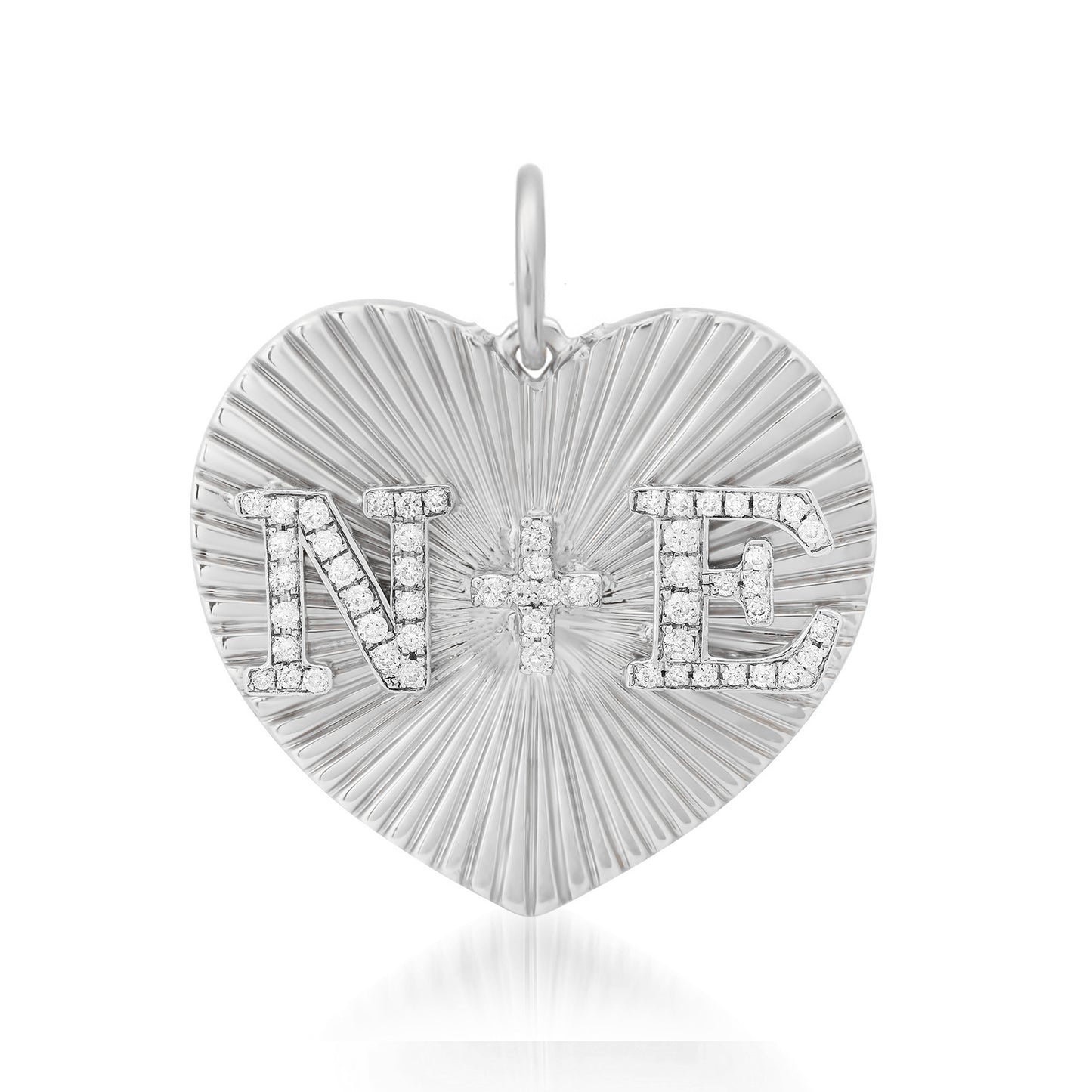 14K Gold Pavé Diamond Double Initial Fluted Heart Medallion Pendant, Large Size