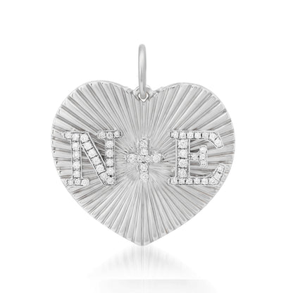 14K Gold Pavé Diamond Double Initial Fluted Heart Medallion Pendant, Large Size