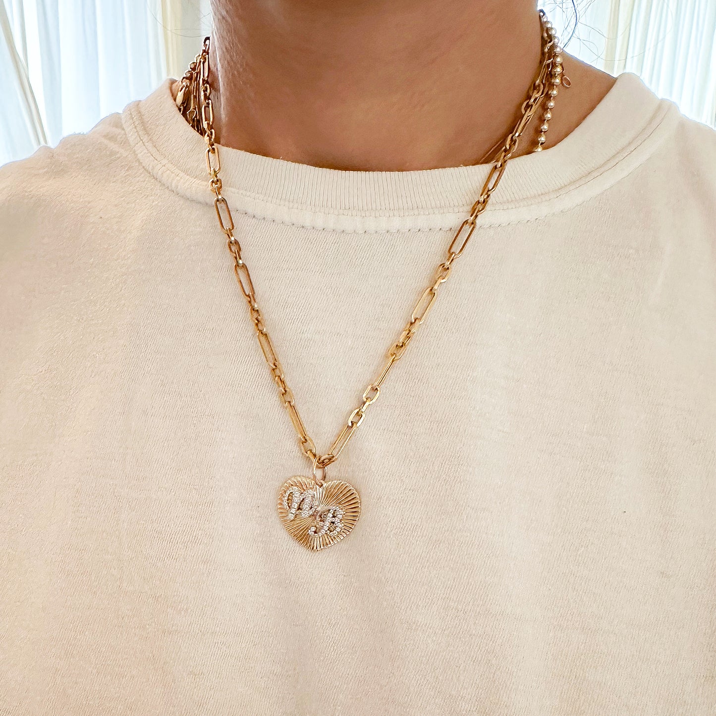 14K Gold Fluted Heart Medallion Charm Pendant, Large Size Heart
