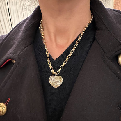 14K Gold Fluted Heart Medallion Charm Pendant, Large Size Heart