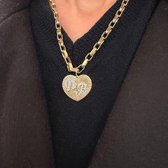 14K Gold Pavé Diamond Double Script Font Initial Fluted Heart Medallion Pendant, Large Size
