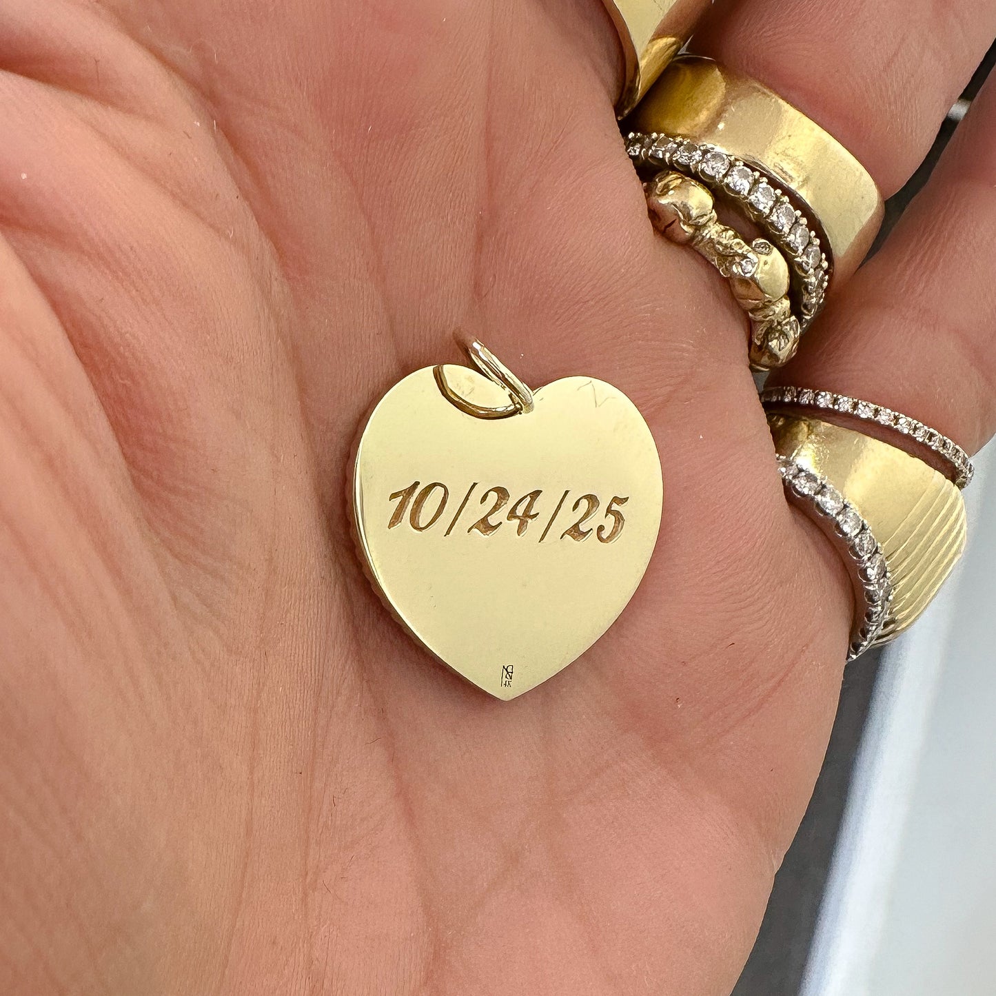 14K Gold Pavé Diamond Double Script Font Initial Fluted Heart Medallion Pendant, Large Size Heart