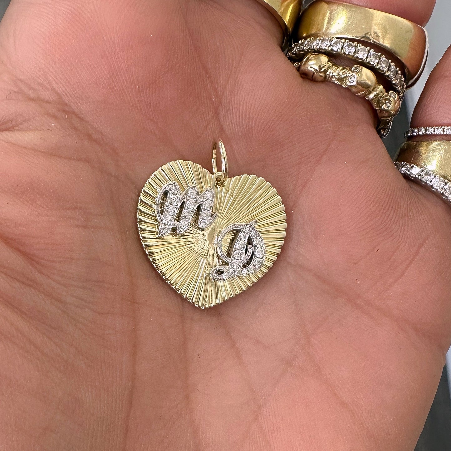 14K Gold Pavé Diamond Double Script Font Initial Fluted Heart Medallion Pendant, Large Size Heart