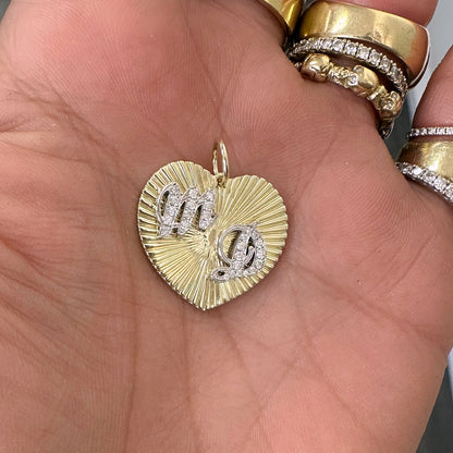14K Gold Pavé Diamond Double Script Font Initial Fluted Heart Medallion Pendant, Large Size Heart