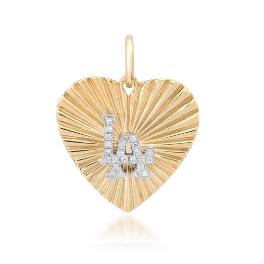 14K Gold Pavé Diamond LA Logo Fluted Heart Medallion Pendant, Medium Size Heart