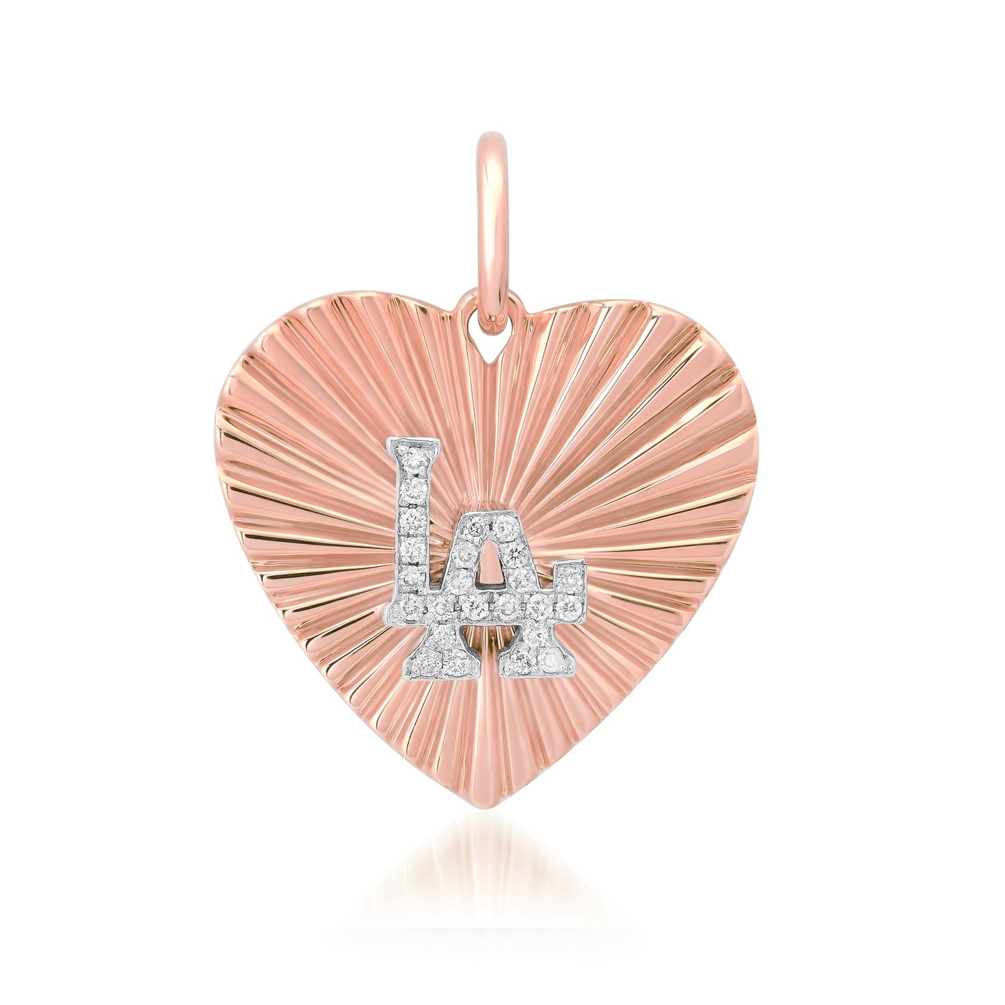 14K Gold Pavé Diamond LA Logo Fluted Heart Medallion Pendant, Medium Size Heart