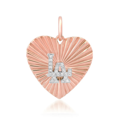 14K Gold Pavé Diamond LA Logo Fluted Heart Medallion Pendant, Medium Size Heart