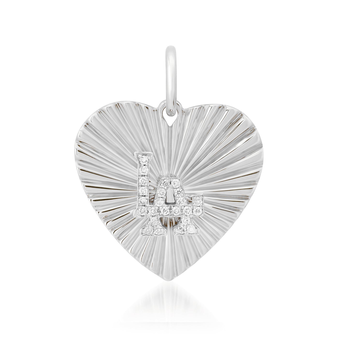 14K Gold Pavé Diamond LA Logo Fluted Heart Medallion Pendant, Medium Size Heart