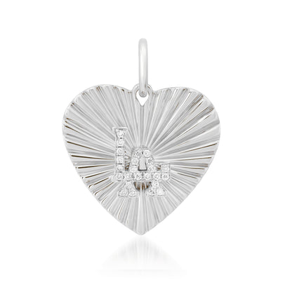 14K Gold Pavé Diamond LA Logo Fluted Heart Medallion Pendant, Medium Size Heart
