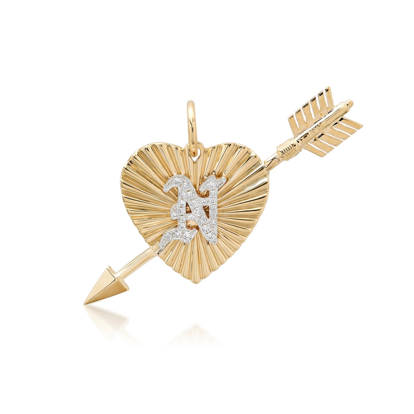 14K Gold Pavé Diamond Initial Fluted Pierced Heart Medallion Charm Pendant ~ Old English, Block or Script Font