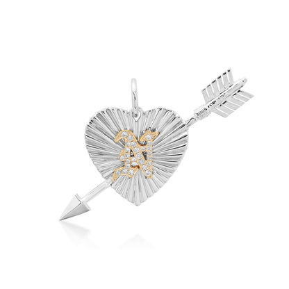 14K Gold Pavé Diamond Initial Fluted Pierced Heart Medallion Charm Pendant ~ Old English, Block or Script Font