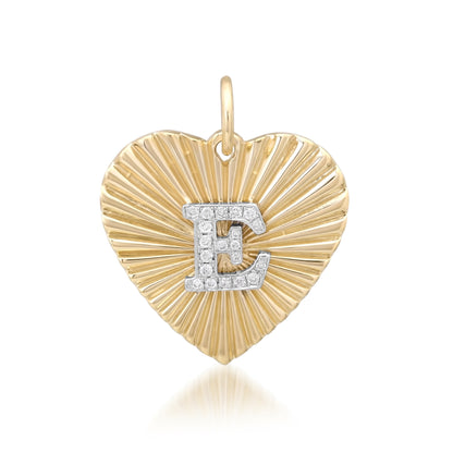 14K Gold Pavé Diamond Initial Fluted Heart Medallion Pendant, Medium Size Heart