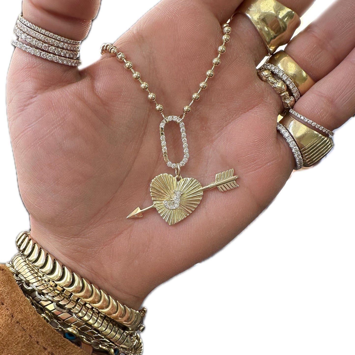 14K Gold Pavé Diamond Initial Fluted Pierced Heart Medallion Charm Pendant ~ Old English, Block or Script Font