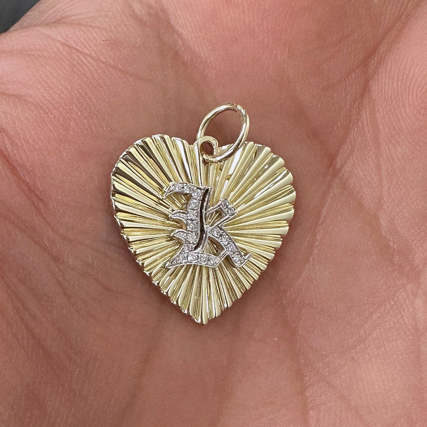 14K Gold Pavé Diamond Initial Fluted Heart Medallion Pendant, Medium Size Heart