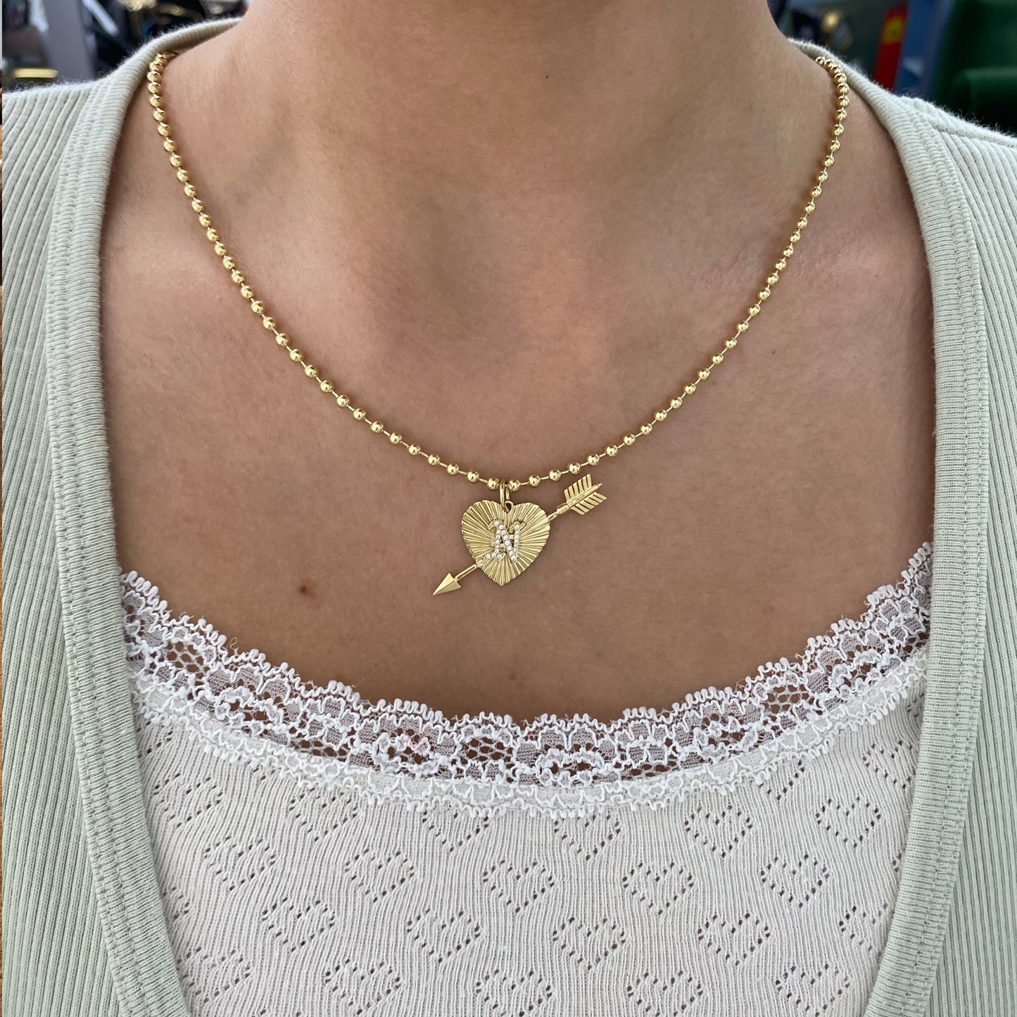 14K Gold Pavé Diamond Initial Fluted Pierced Heart Medallion Charm Pendant ~ Old English, Block or Script Font