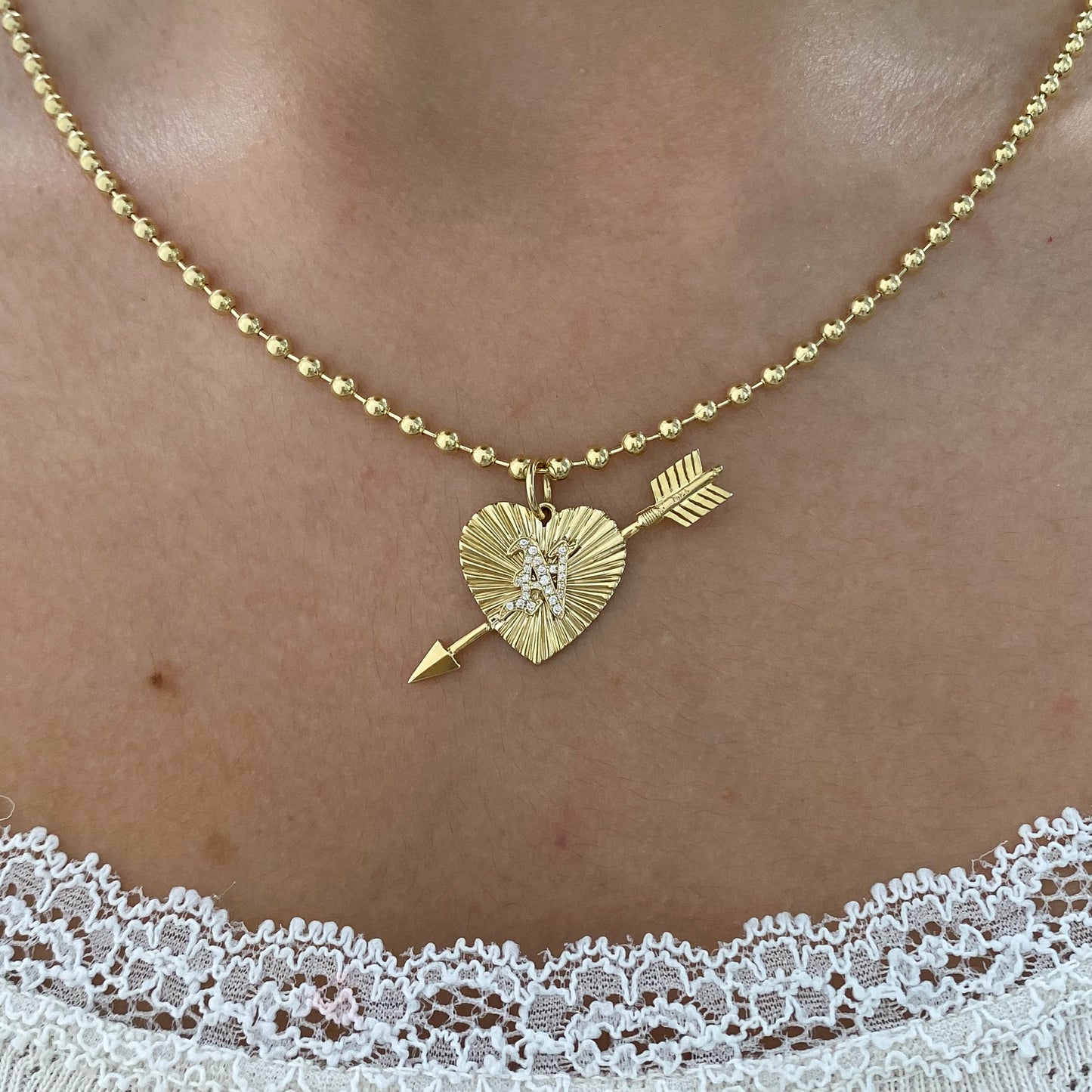 14K Gold Pavé Diamond Initial Fluted Pierced Heart Medallion Charm Pendant ~ Old English, Block or Script Font