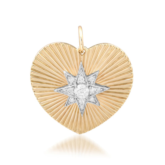 14K Gold Pavé Diamond Starburst Fluted Heart Medallion Pendant, Large Size Heart