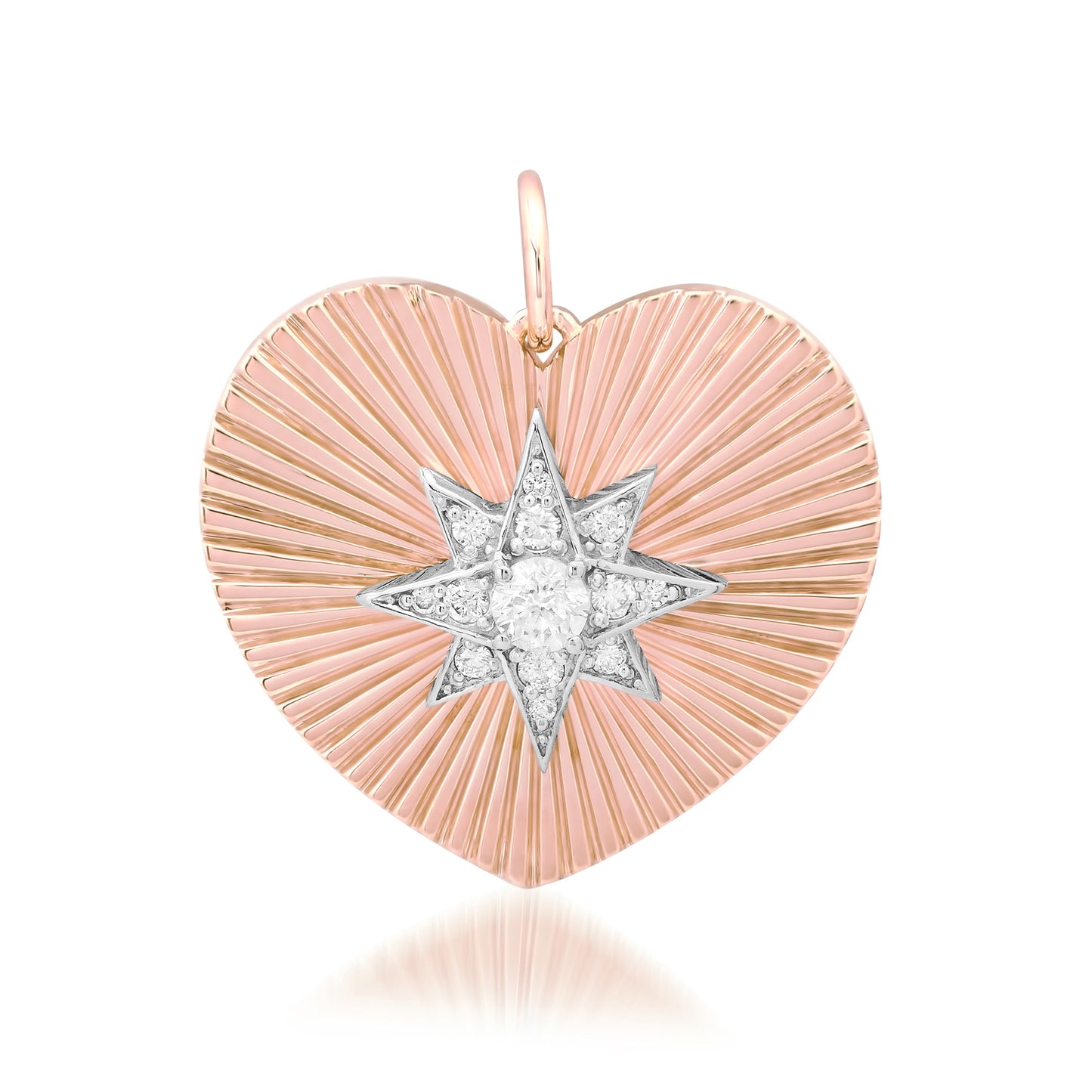 14K Gold Pavé Diamond Starburst Fluted Heart Medallion Pendant, Large Size Heart