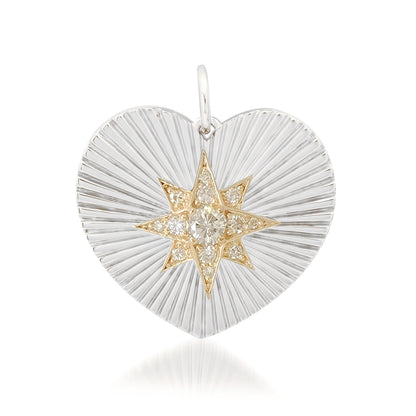 14K Gold Pavé Diamond Starburst Fluted Heart Medallion Pendant, Large Size Heart