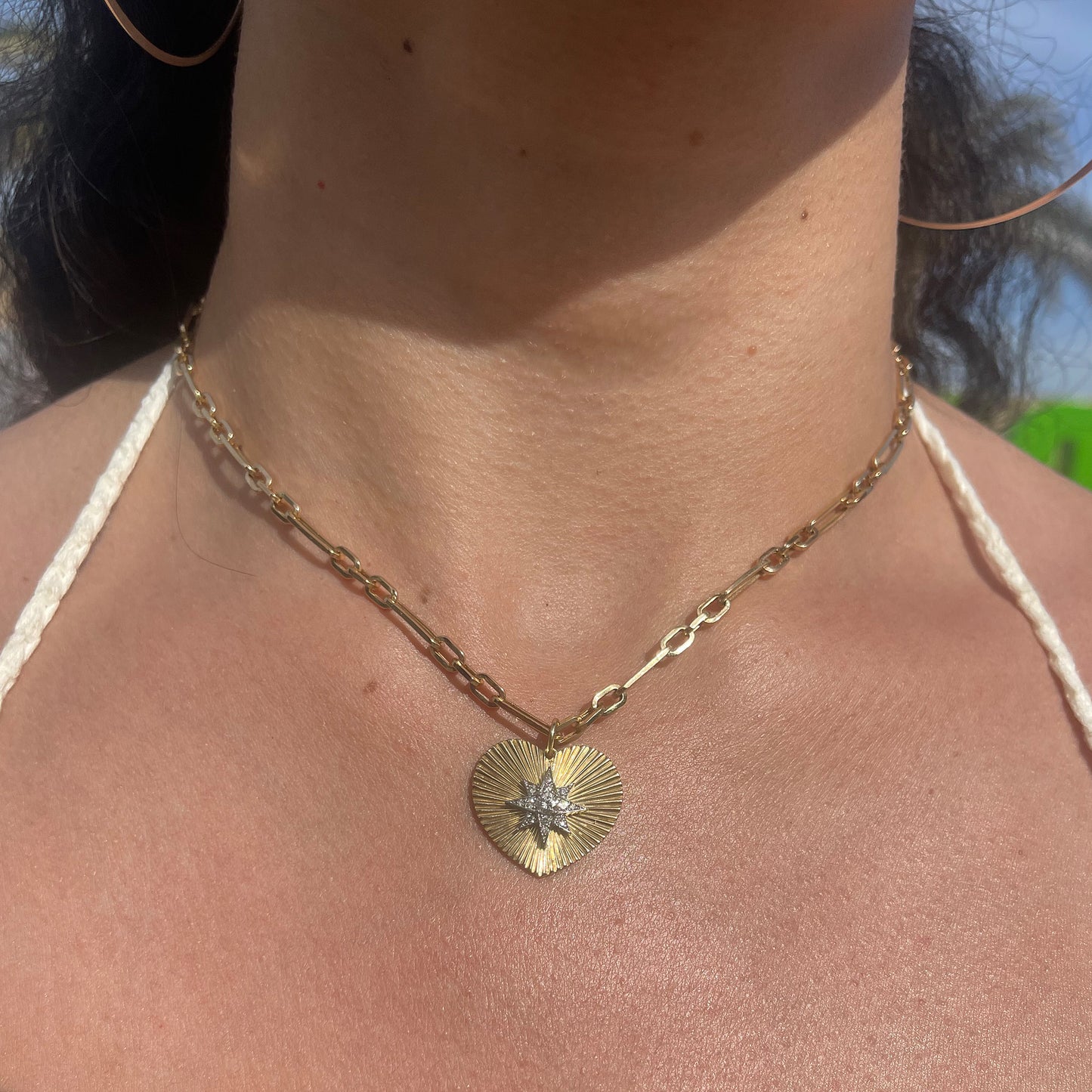 14K Gold Fluted Heart Medallion Charm Pendant, Large Size Heart