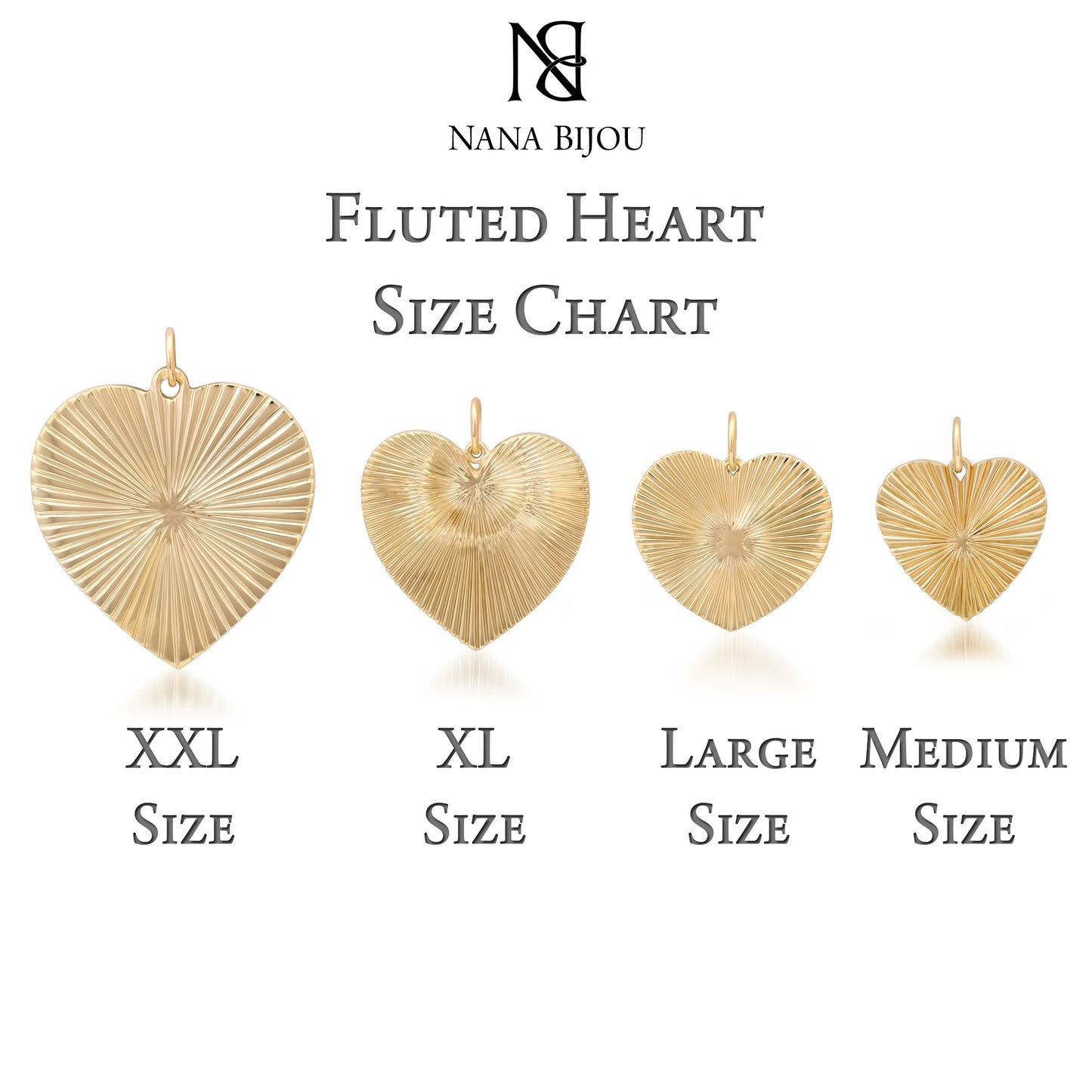 14K Gold Fluted Heart Medallion Charm Pendant, Large Size Heart