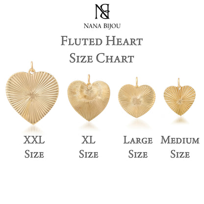 14K Gold Fluted Heart Medallion Charm Pendant, Large Size Heart
