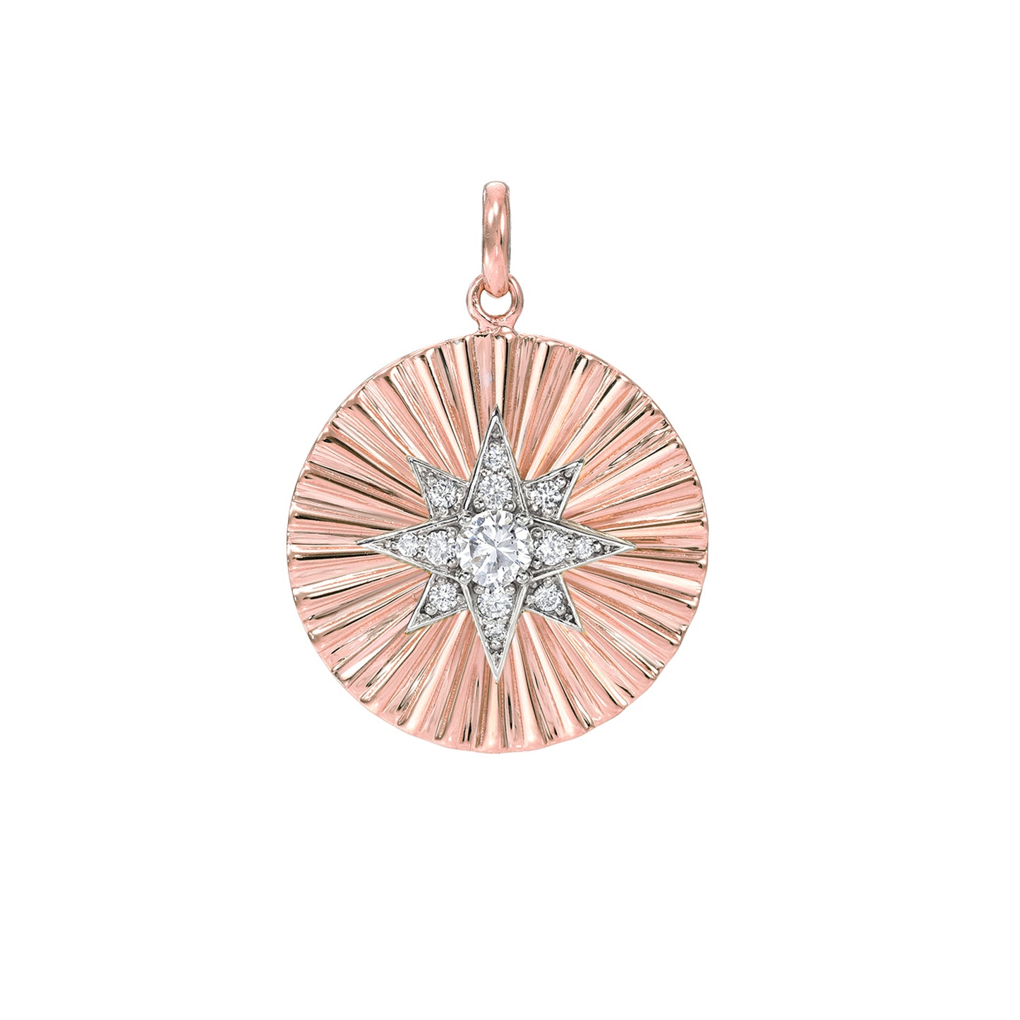 14K Gold Large Size Diamond Starburst Fluted Medallion Charm Pendant