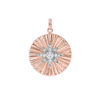 14K Gold Large Size Diamond Starburst Fluted Medallion Charm Pendant