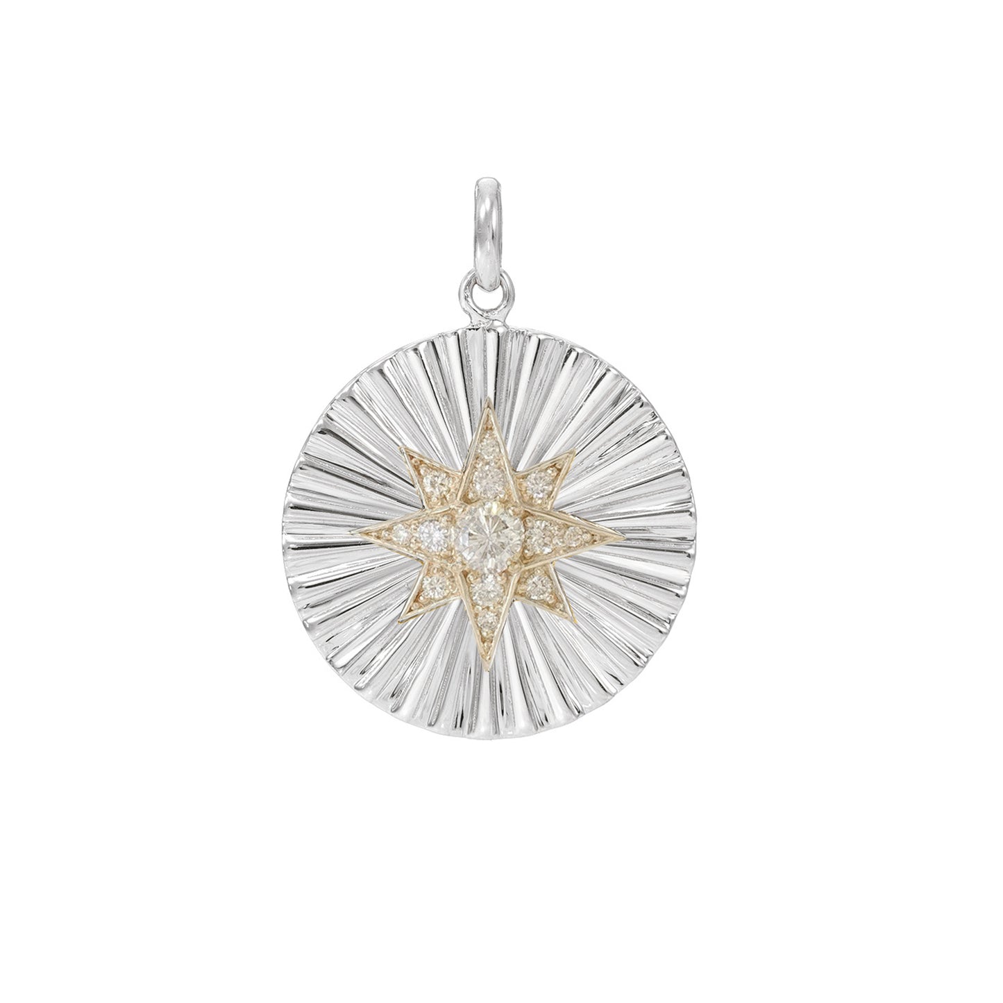 14K Gold Large Size Diamond Starburst Fluted Medallion Charm Pendant