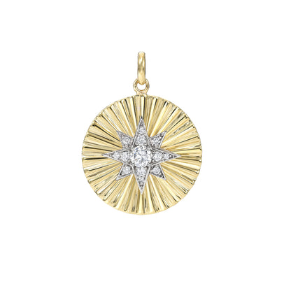 14K Gold Large Size Diamond Starburst Fluted Medallion Charm Pendant