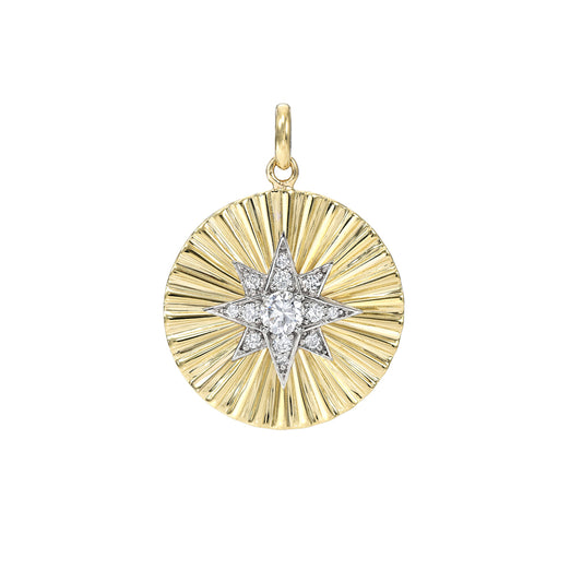 14K Gold Large Size Diamond Starburst Fluted Medallion Charm Pendant