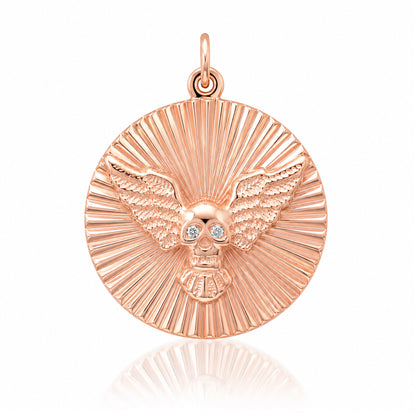 14K Gold Diamond Flying Skull Fluted Medallion Pendant