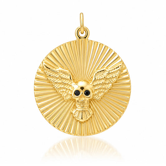 14K Gold Black Diamond Flying Skull Fluted Medallion Pendant