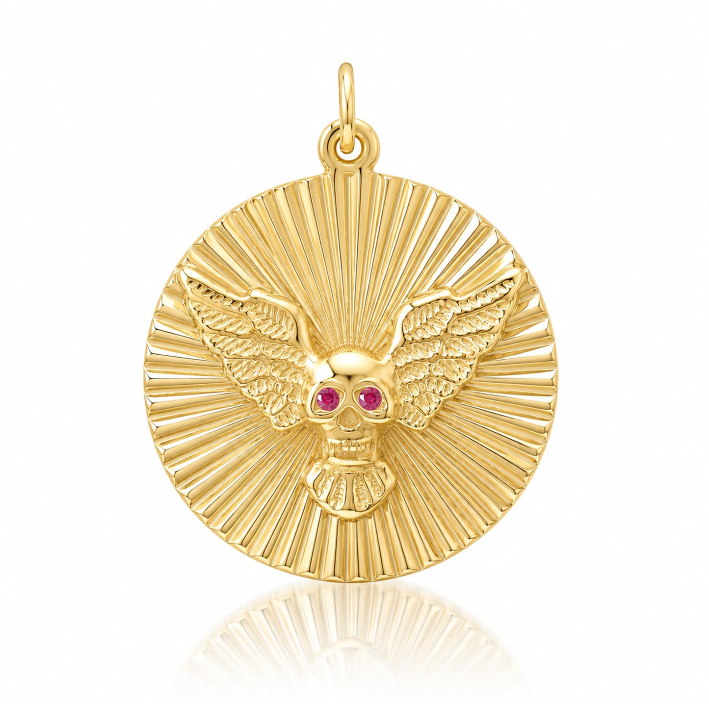 14K Gold Ruby Flying Skull Fluted Medallion Pendant