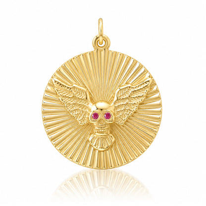 14K Gold Ruby Flying Skull Fluted Medallion Pendant