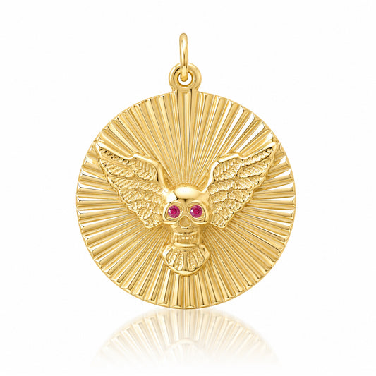 14K Gold Ruby Flying Skull Fluted Medallion Pendant