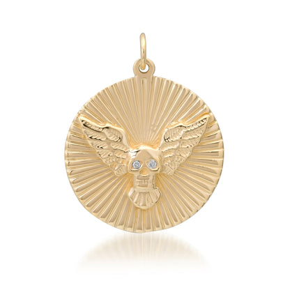 14K Gold Diamond Flying Skull Fluted Medallion Pendant