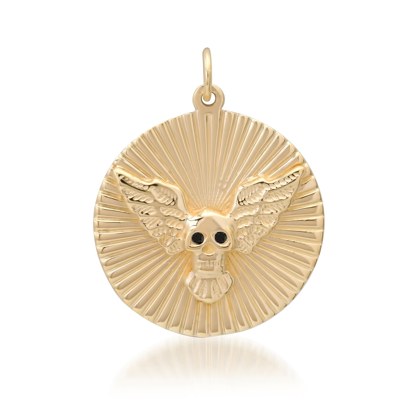 14K Gold Black Diamond Flying Skull Fluted Medallion Pendant